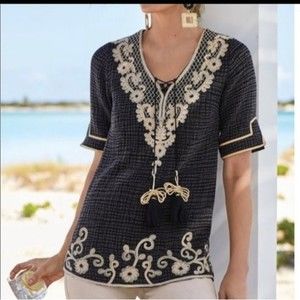 Soft Surroundings Sahara Cream Color Embroidered Grey Textured Long Line Top